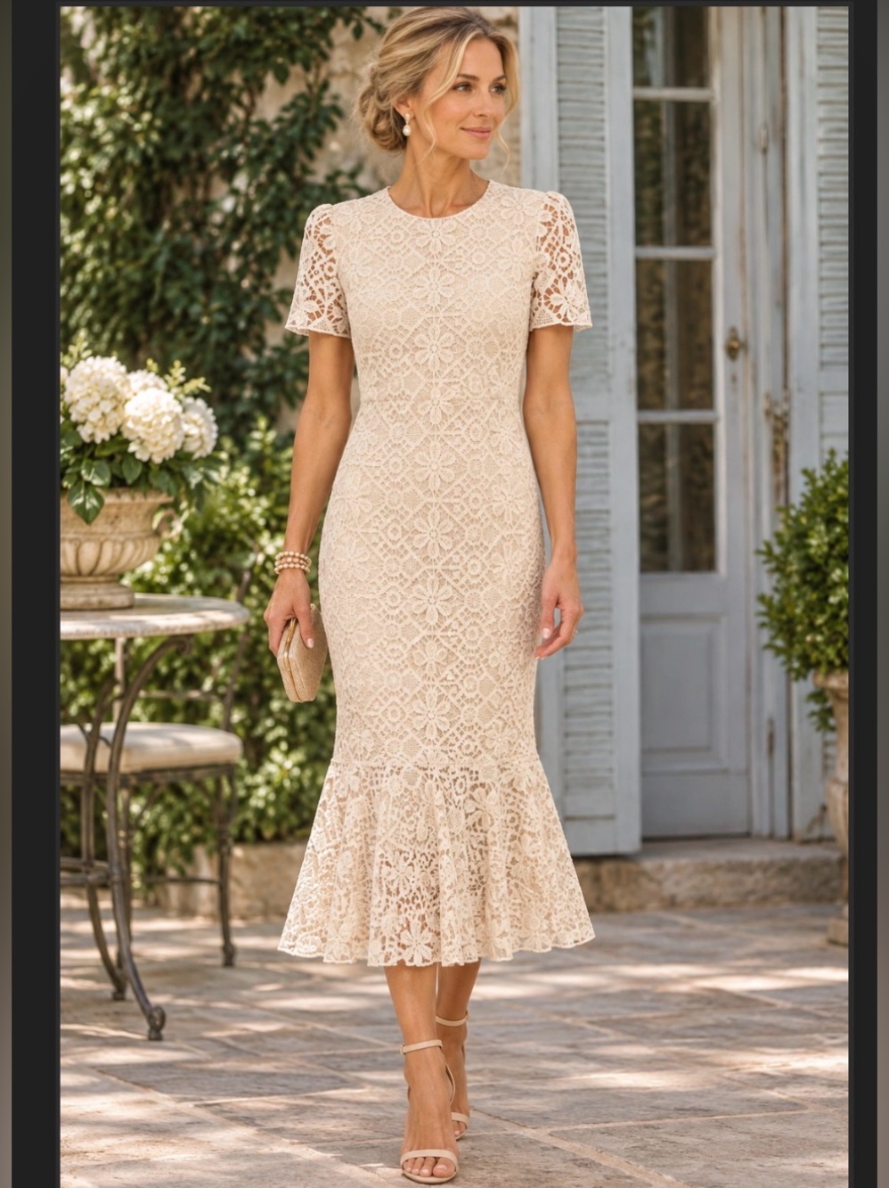 Shoshanna beige cream floral lace form fit dress 10